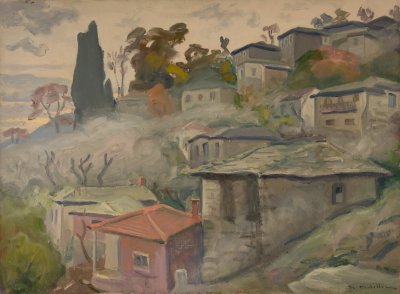 Zagora with Thin Clouds Among Houses — Oil painting, Canvas, 54.00×73.00cm — Theodoros Markellos